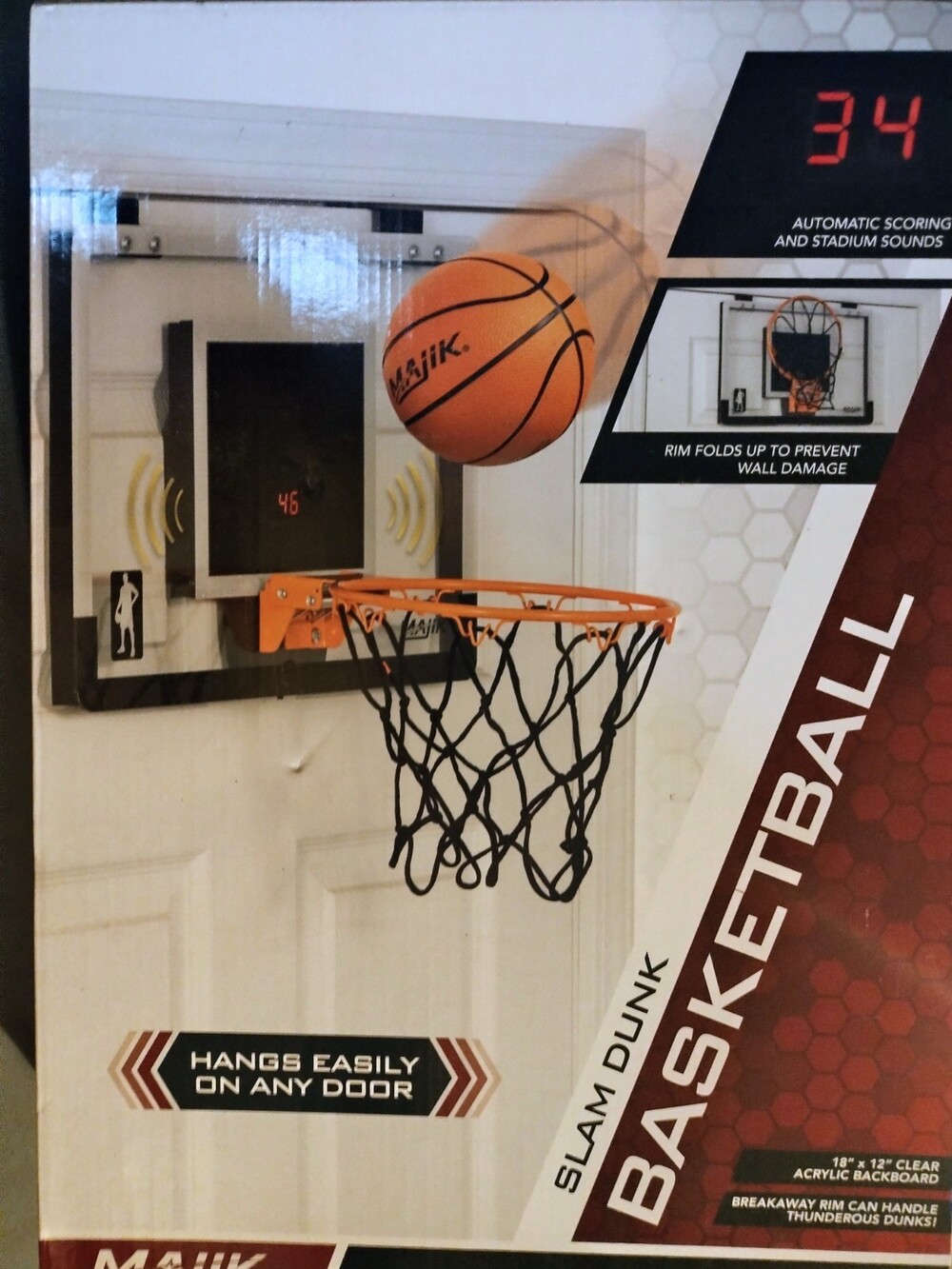 Majik Slam Dunk Wall-Mounted Basketball Hoop, Acrylic Backboard, Breakaway Rim